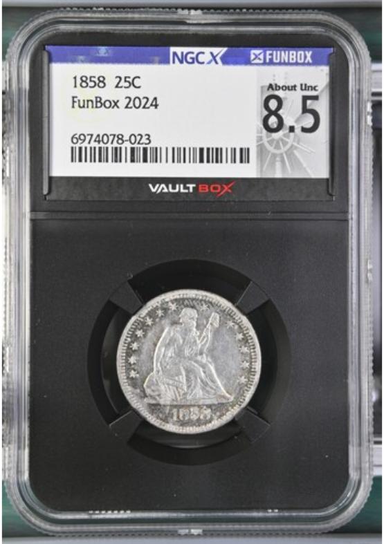 1858 25C NGCX ABOUT UNC 8.5 FRONT