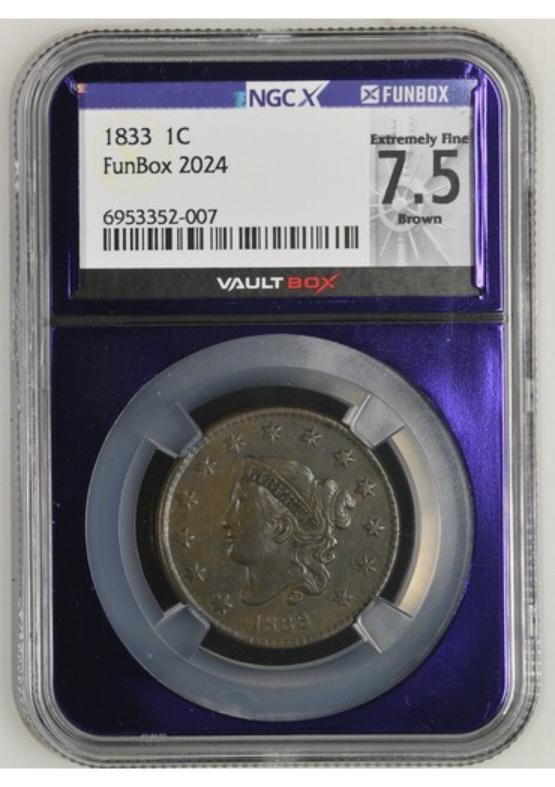 1833 1C NGCX EXTREMELY FINE 7.5 BROWN FRONT