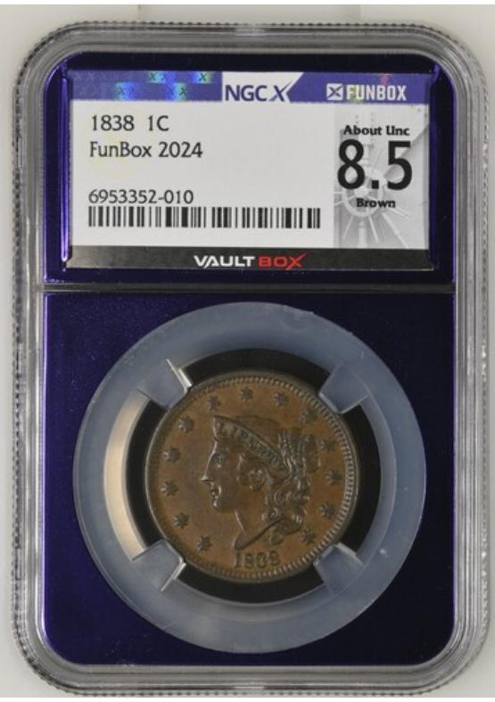 1838 1C NGCX ABOUT UNC 8.5 BROWN FRONT