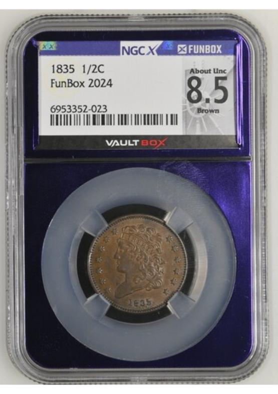 1835 1/2C NGCX ABOUT UNC 8.5 BROWN FRONT