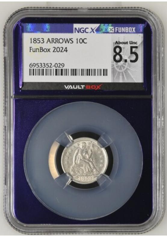 1853 ARROWS 10C NGCX ABOUT UNC 8.5 FRONT