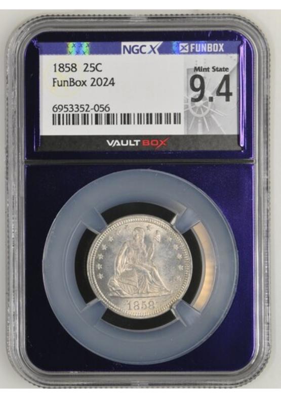 1858 25C NGCX MINT STATE 9.4 FRONT
