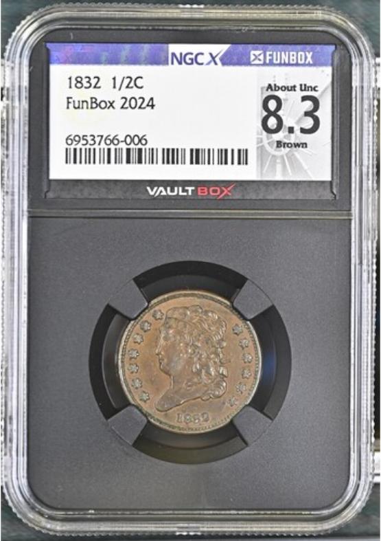 1832 1/2C NGCX ABOUT UNC 8.3 BROWN FRONT