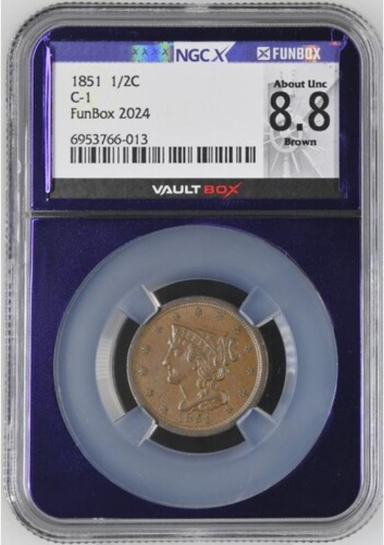 1851 1/2C NGCX ABOUT UNC 8.8 BROWN FRONT