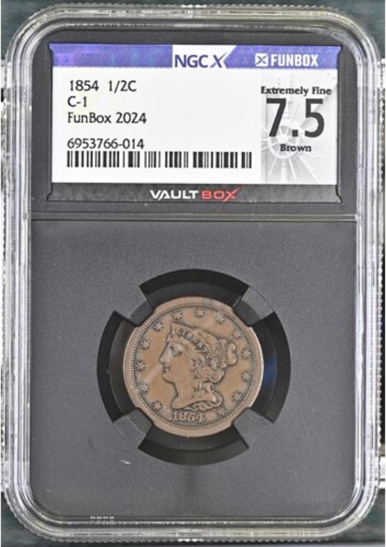 1854 1/2C NGCX EXTREMELY FINE 7.5 BROWN FRONT