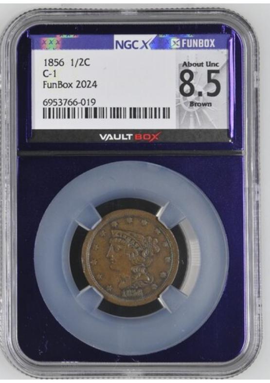 1856 1/2C NGCX ABOUT UNC 8.5 BROWN FRONT