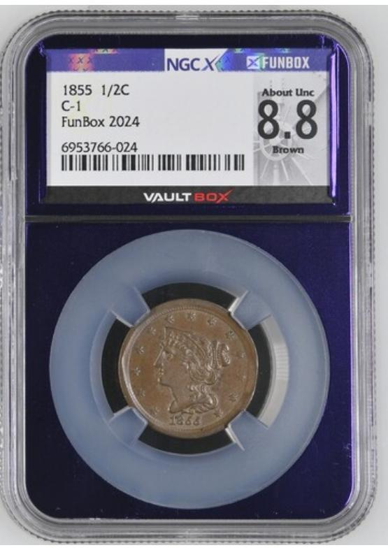 1855 1/2C NGCX ABOUT UNC 8.8 BROWN FRONT