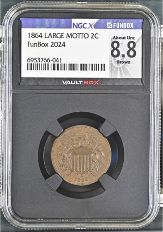 1864 LARGE MOTTO 2C NGCX ABOUT UNC 8.8 BROWN FRONT