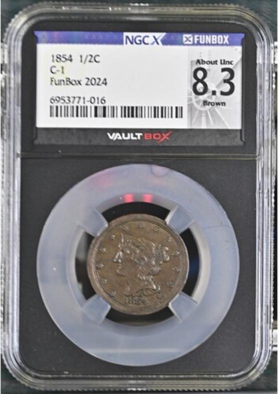 1854 C-1 1/2C NGCX ABOUT UNC 8.3 BROWN FRONT