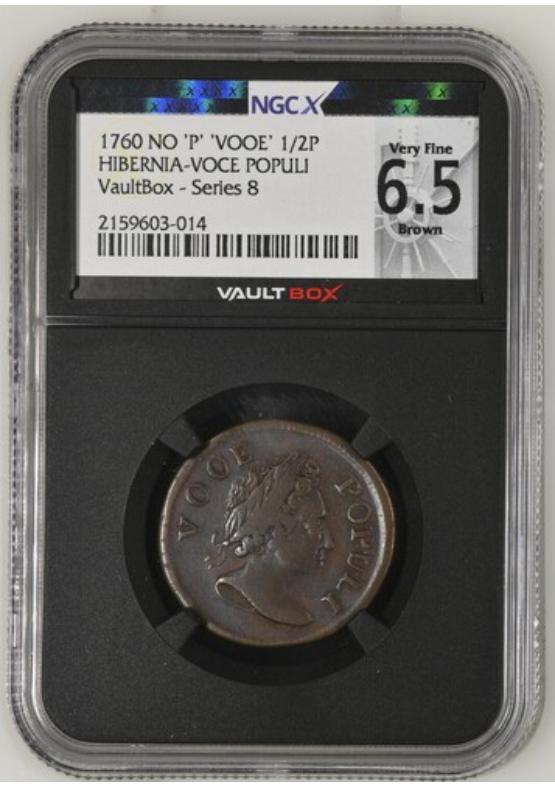 1760 NO 'P' 'VOOE' HIBERNIA-VOCE POPULI 1/2P NGCX VERY FINE 6.5 BROWN Series 8 Front