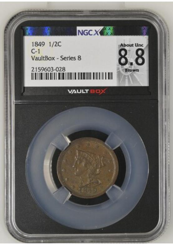 1849 C-1 1/2C NGCX ABOUT UNCIRCULATED 8.8 BROWN Series 8 Front