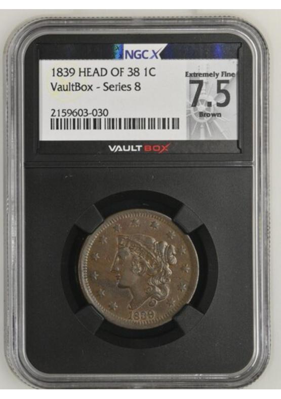 1839 HEAD OF 38 1C NGCX EXTREMELY FINE 7.5 BROWN Series 8 Front