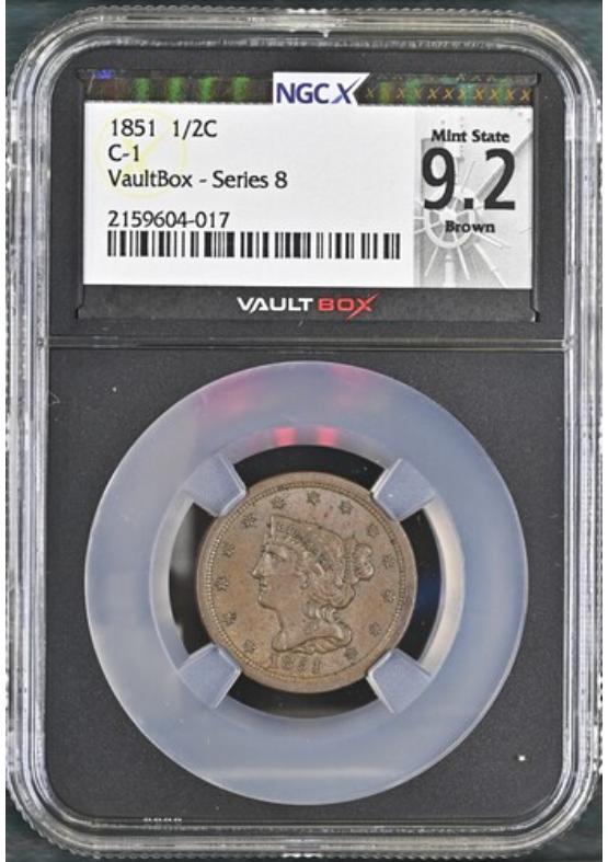 1851 C-1 1/2C NGCX MINT STATE 9.2 BROWN Series 8 Front