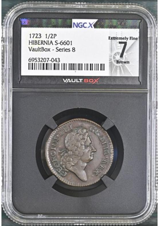 1723 HIBERNIA S-6601 1/2P NGCX EXTREMELY FINE 7 BROWN Series 8 Front