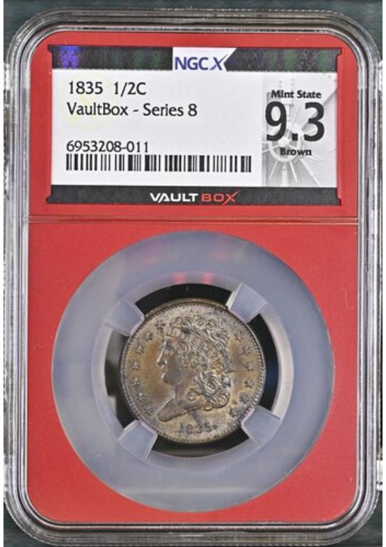 1835 1/2C NGCX MINT STATE 9.3 BROWN FRONT