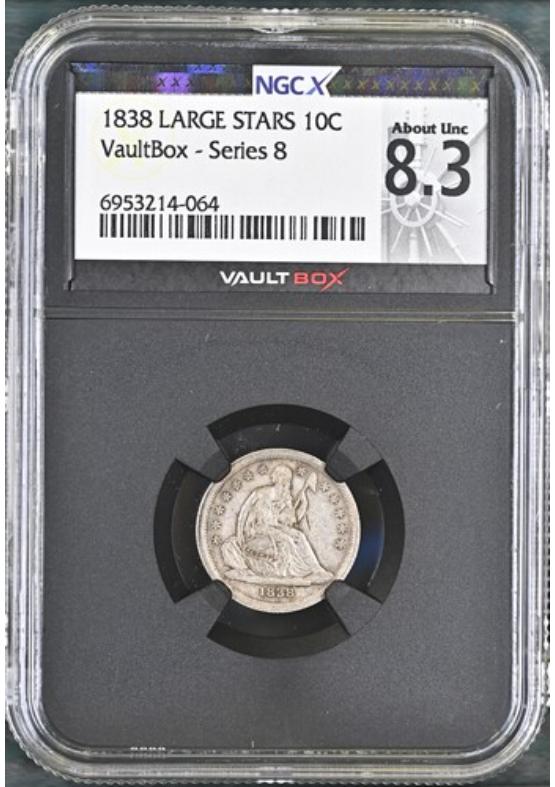 1838 LARGE STARS 10C NGCX ABOUT UNCIRCULATED 8.3 Series 8 Front