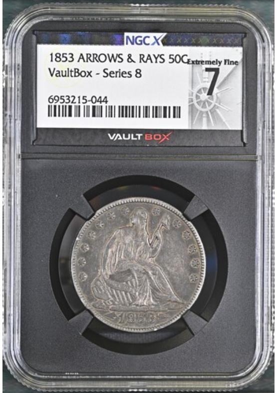 1853 ARROWS & RAYS 50C NGCX EXTREMELY FINE 7 Series 8 Front