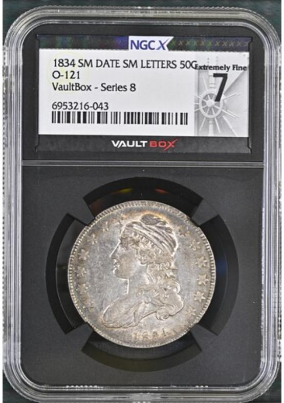1834 SM DATE SM LETTERS O-121 50C NGCX EXTREMELY FINE 7 Series 8 Front