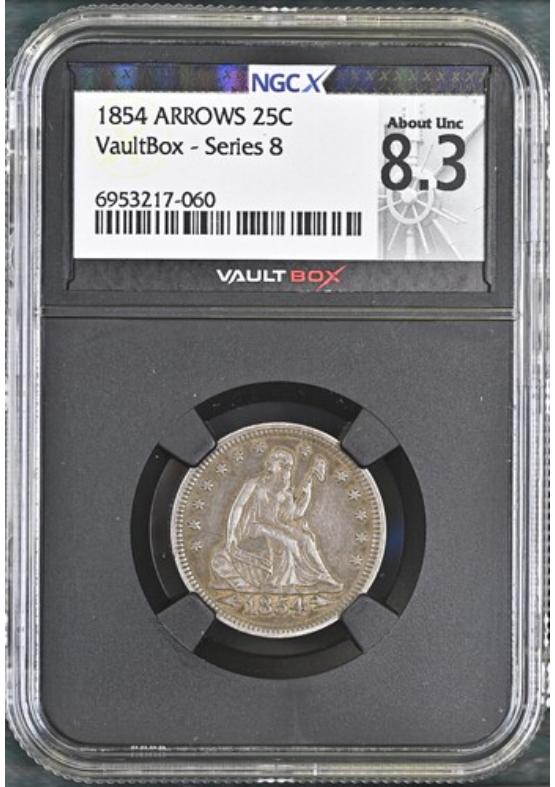 1854 ARROWS 25C NGCX ABOUT UNCIRCULATED 8.3 Series 8 Front