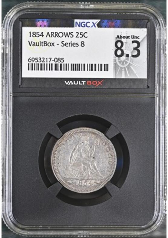 1854 ARROWS 25C NGCX ABOUT UNCIRCULATED 8.3 Series 8 Front