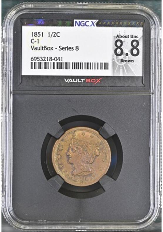 1851 C-1 1/2C NGCX ABOUT UNCIRCULATED 8.8 BROWN Series 8 Front