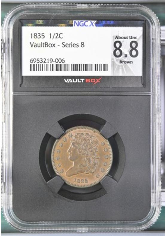 1835 1/2C NGCX ABOUT UNCIRCULATED 8.8 BROWN Series 8 Front