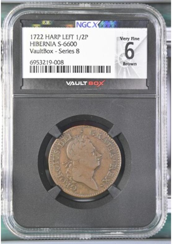 1722 HARP LEFT HIBERNIA S-6600 1/2P NGCX VERY FINE 6 BROWN Series 8 Front