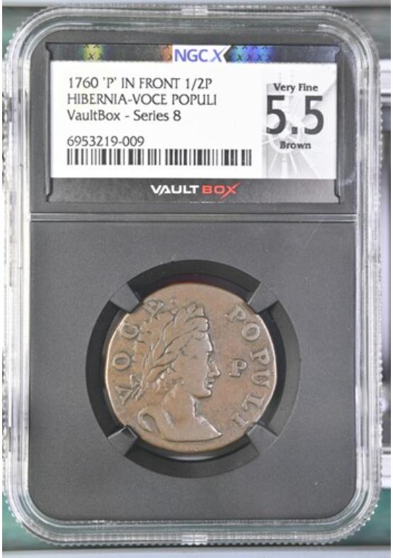 1760 'P' IN FRONT HIBERNIA-VOCE POPULI 1/2P NGCX VERY FINE 5.5 BROWN Series 8 Front