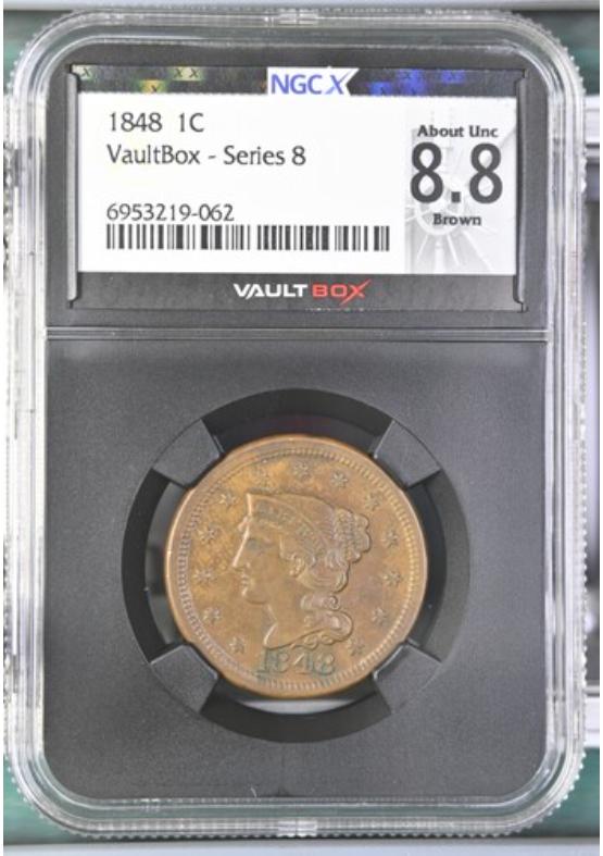 1848 1C NGCX ABOUT UNCIRCULATED 8.8 BROWN Series 8 Front