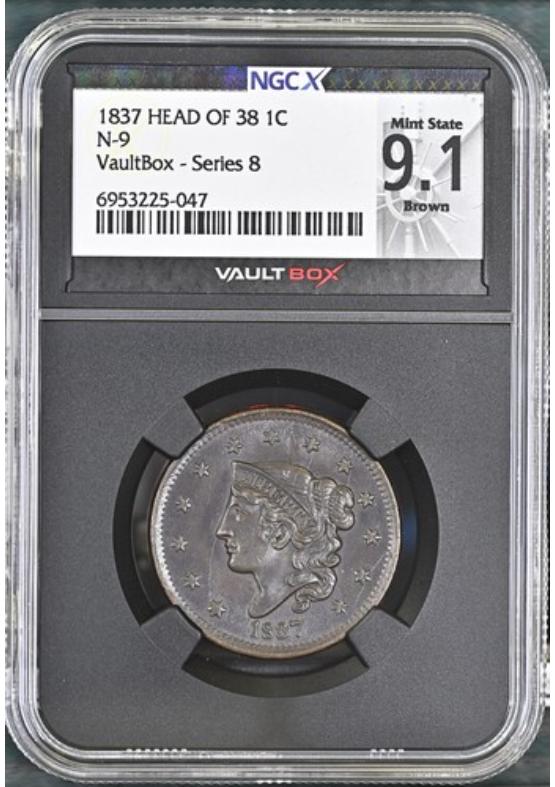 1837 HEAD OF 38 N-9 1C NGCX MINT STATE 9.1 BROWN Series 8 Front