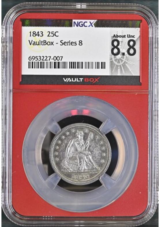 1843 25C NGCX ABOUT UNCIRCULATED 8.8 Series 8 Front