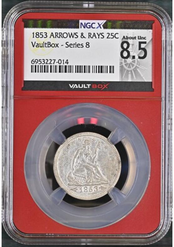 1853 ARROWS & RAYS 25C NGCX ABOUT UNCIRCULATED 8.5 Series 8 Front