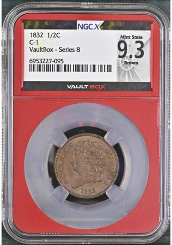 1832 C-1 1/2C NGCX MINT STATE 9.3 BROWN Series 8 Front