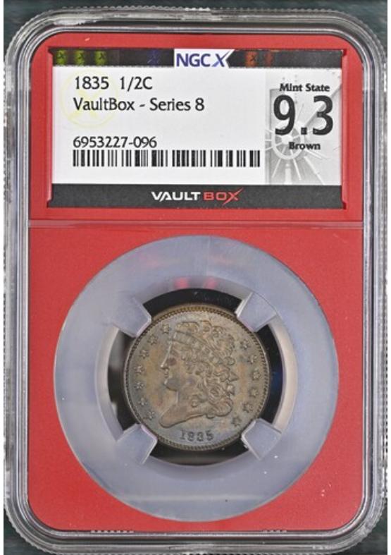 1835 1/2C NGCX MINT STATE 9.3 BROWN Series 8 Front