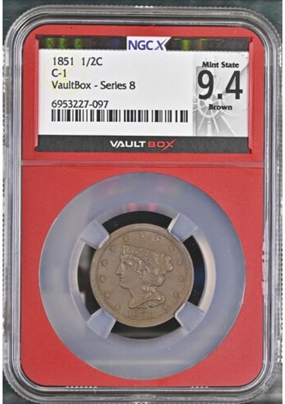 1851 C-1 1/2C NGCX MINT STATE 9.4 BROWN Series 8 Front