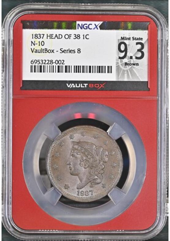 1837 HEAD OF 38 N-10 1C NGCX MINT STATE 9.3 BROWN Series 8 Front