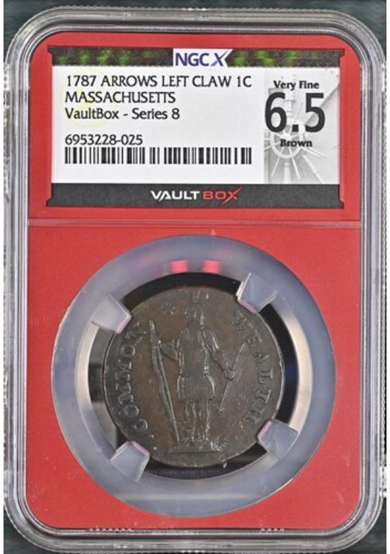 1787 ARROWS LEFT CLAW 1C MASSACHUSETTS NGCX VERY FINE 6.5 BROWN Series 8 Front