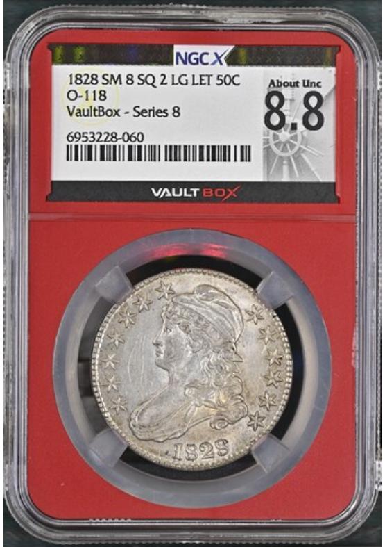 1828 SM 8 SQ 2 LG LET O-118 50C NGCX ABOUT UNCIRCULATED 8.8 Series 8 Front