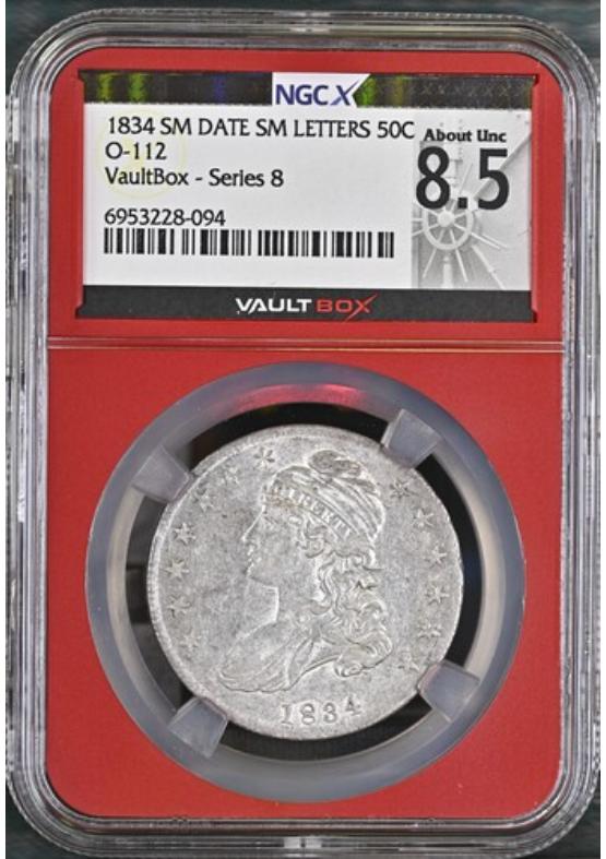 1834 SM DATE SM LETTERS O-112 50C NGCX ABOUT UNCIRCULATED 8.5 Series 8 Front