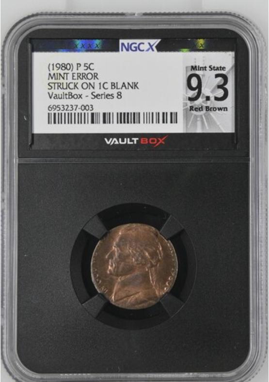 -1980 P 5C MINT ERROR STRUCK ON 1C BLANK NGCX MINT STATE 9.3 RED BROWN Series 8 Front