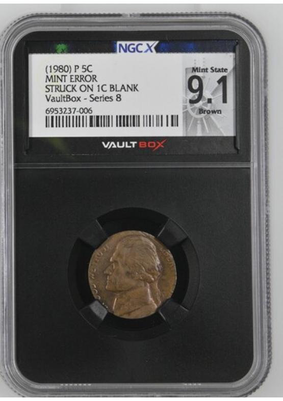 -1980 P 5C MINT ERROR STRUCK ON 1C BLANK NGCX MINT STATE 9.1 BROWN Series 8 Front