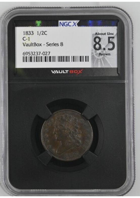 1833 C-1 1/2C NGCX ABOUT UNCIRCULATED 8.5 BROWN Series 8 Front
