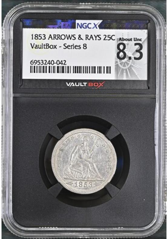 1853 ARROWS & RAYS 25C NGCX ABOUT UNCIRCULATED 8.3 Series 8 Front
