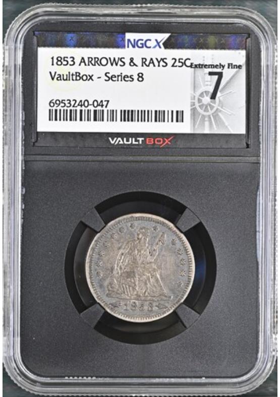 1853 ARROWS & RAYS 25C NGCX EXTREMELY FINE 7 Series 8 Front