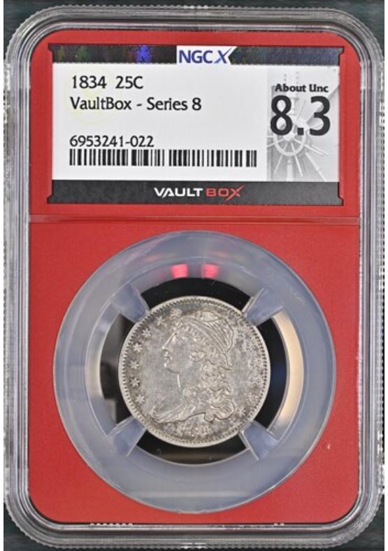 1834 25C NGCX ABOUT UNCIRCULATED 8.3 Series 8 Front