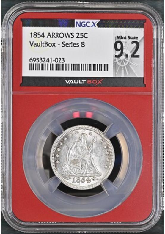 1854 ARROWS 25C NGCX MINT STATE 9.2 Series 8 Front