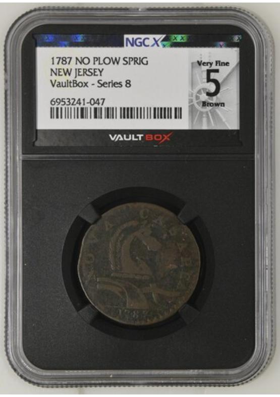 1787 NO PLOW SPRIG NEW JERSEY COLONIAL NGCX VERY FINE G$5 BROWN Series 8 Front