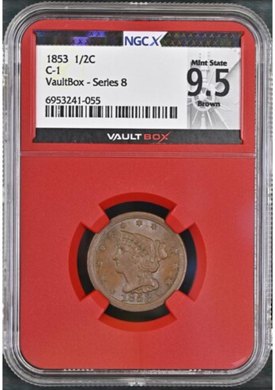 1853 C-1 1/2C NGCX MINT STATE 9.5 BROWN Series 8 Front