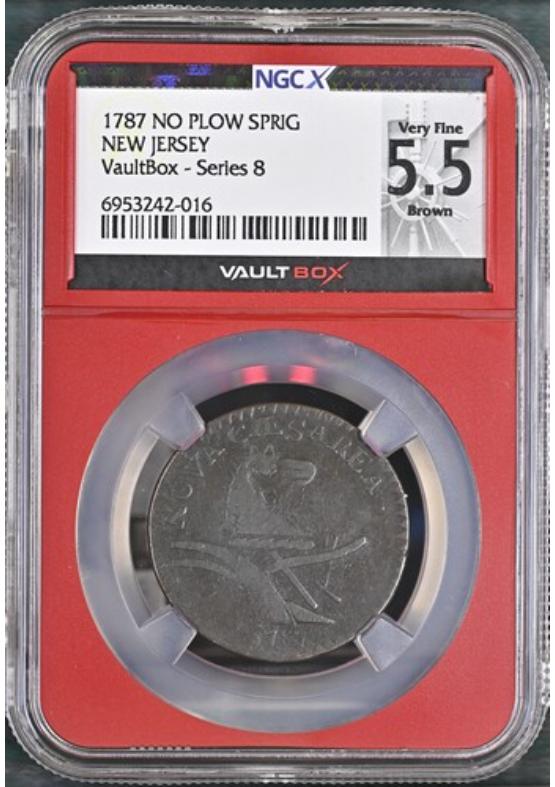 1787 NO PLOW SPRIG NEW JERSEY COLONIAL NGCX VERY FINE 5.5 BROWN Series 8 Front