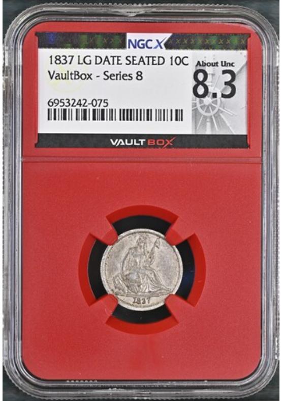 1837 LG DATE SEATED 10C NGCX ABOUT UNCIRCULATED 8.3 Series 8 Front